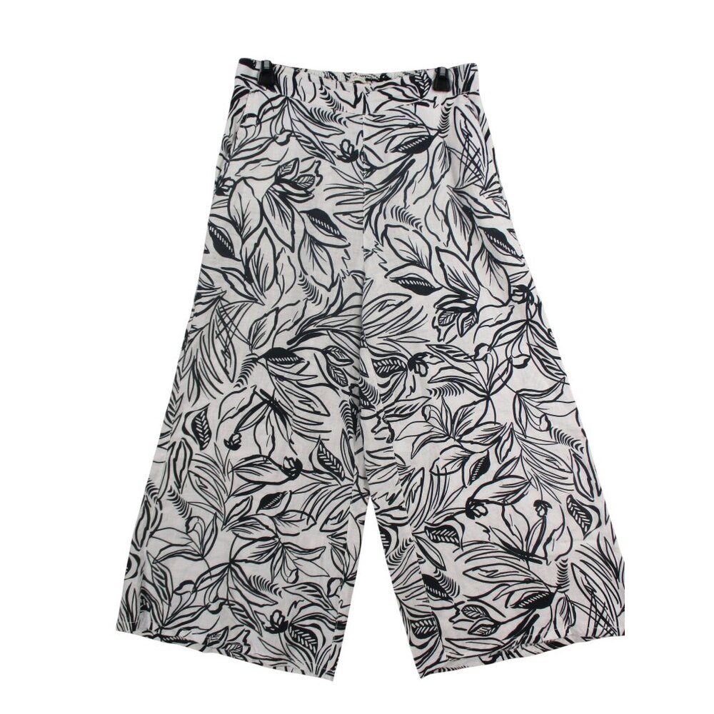 Christian Siriano Black & White Wide-Leg 100% Linen Pants Floral‎ Print Size M
